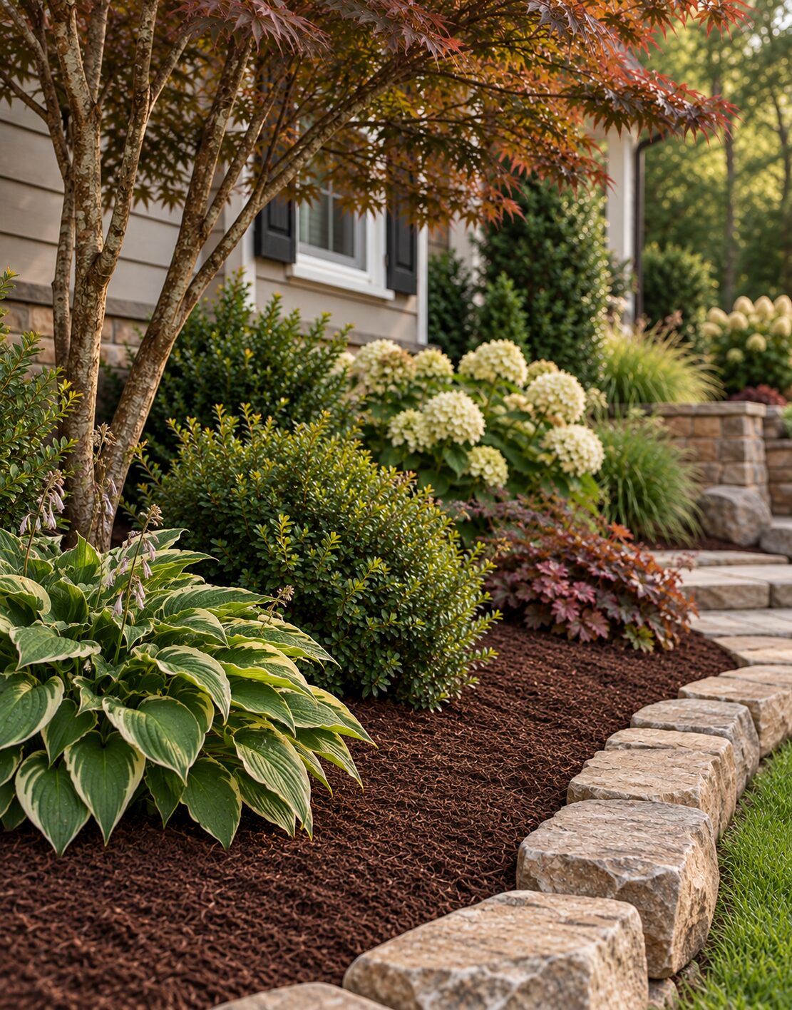 Freshly mulched garden bed with hostas and hydrangeas beside a stone border