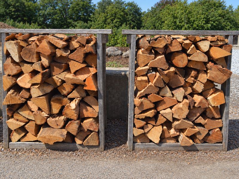 Filled firewood racks at the Mulch N' More yard in Exeter, Rhode Island