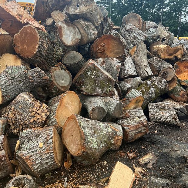Large hardwood rounds stacked at the Mulch N' More yard in Exeter, Rhode Island